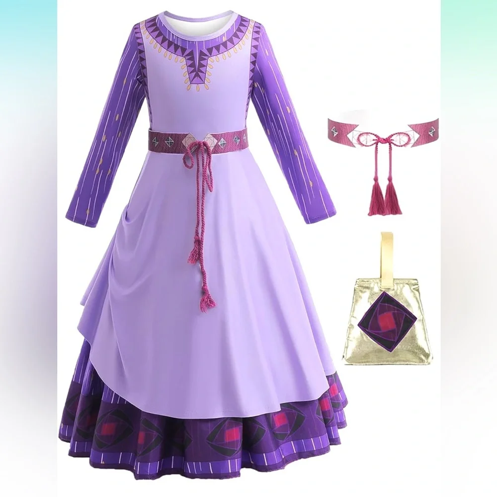 Wish Princess Asha Costume Dress Up Long Sleeve Purple Dress with Belt and Bag